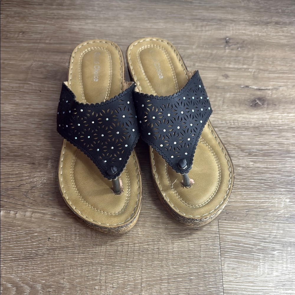 Black and Tan Sandals with Cushioned Footbed